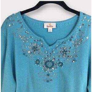 Quacker Factory Sweater Women's XL Blue Turquoise Sequins Beaded Rhinestones